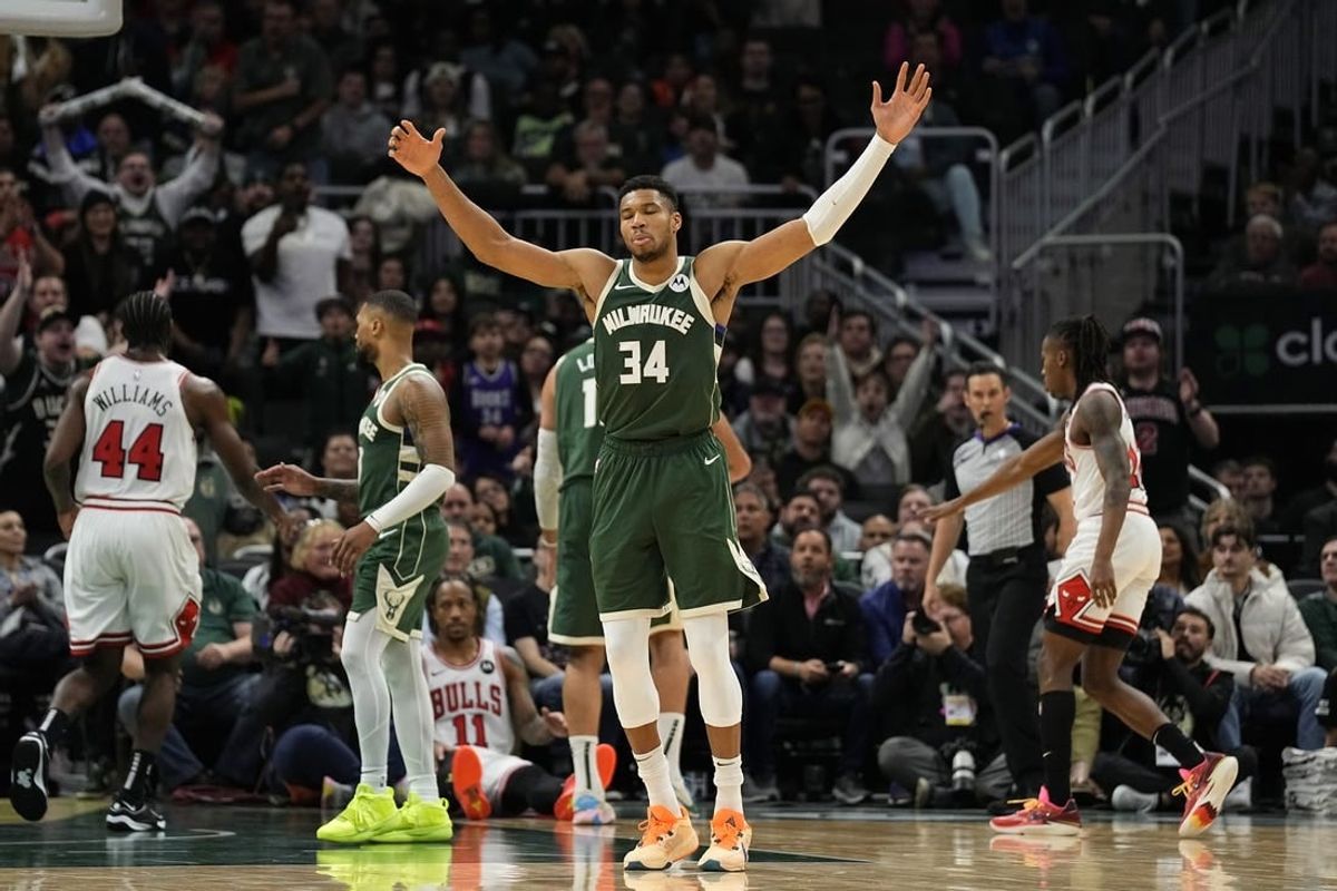Dec 11, 2023; Milwaukee, Wisconsin, USA;  Milwaukee Bucks forward Giannis Antetokounmpo (34) reacts to a call during overtime against the Chicago Bulls at Fiserv Forum.