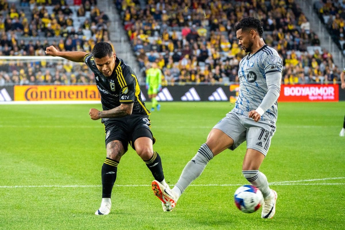 Oct 21, 2023; Columbus, Ohio, USA;
CF Montreal forward Chinonso Offor (9) attempts a goal past CF Montreal forward Ariel Lassiter (11) during their game on Saturday, Oct. 21, 2023 at Lower.com Field.