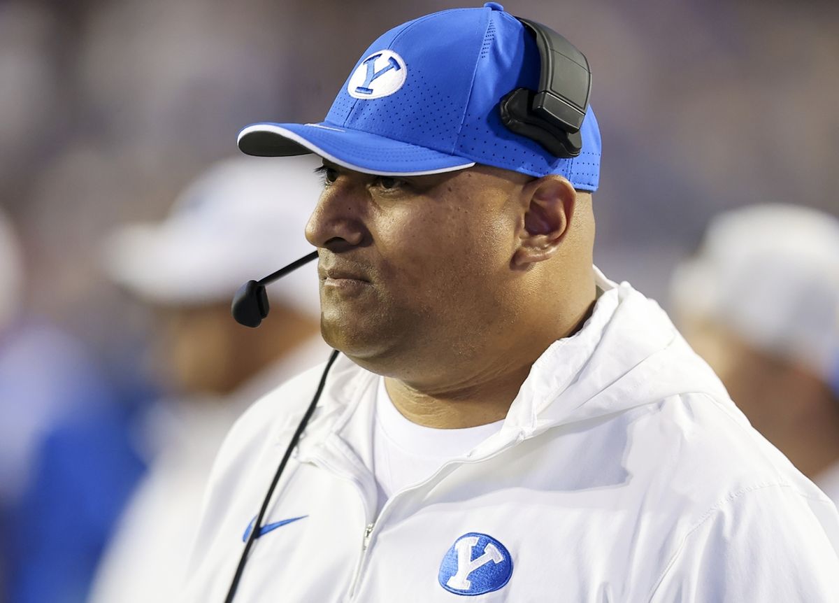 Oct 21, 2023; Provo, Utah, USA; Brigham Young Cougars head coach Kalani Sitake looks on against the Texas Tech Red Raiders in the second half at LaVell Edwards Stadium. Mandatory Credit: Rob Gray-USA TODAY Sports