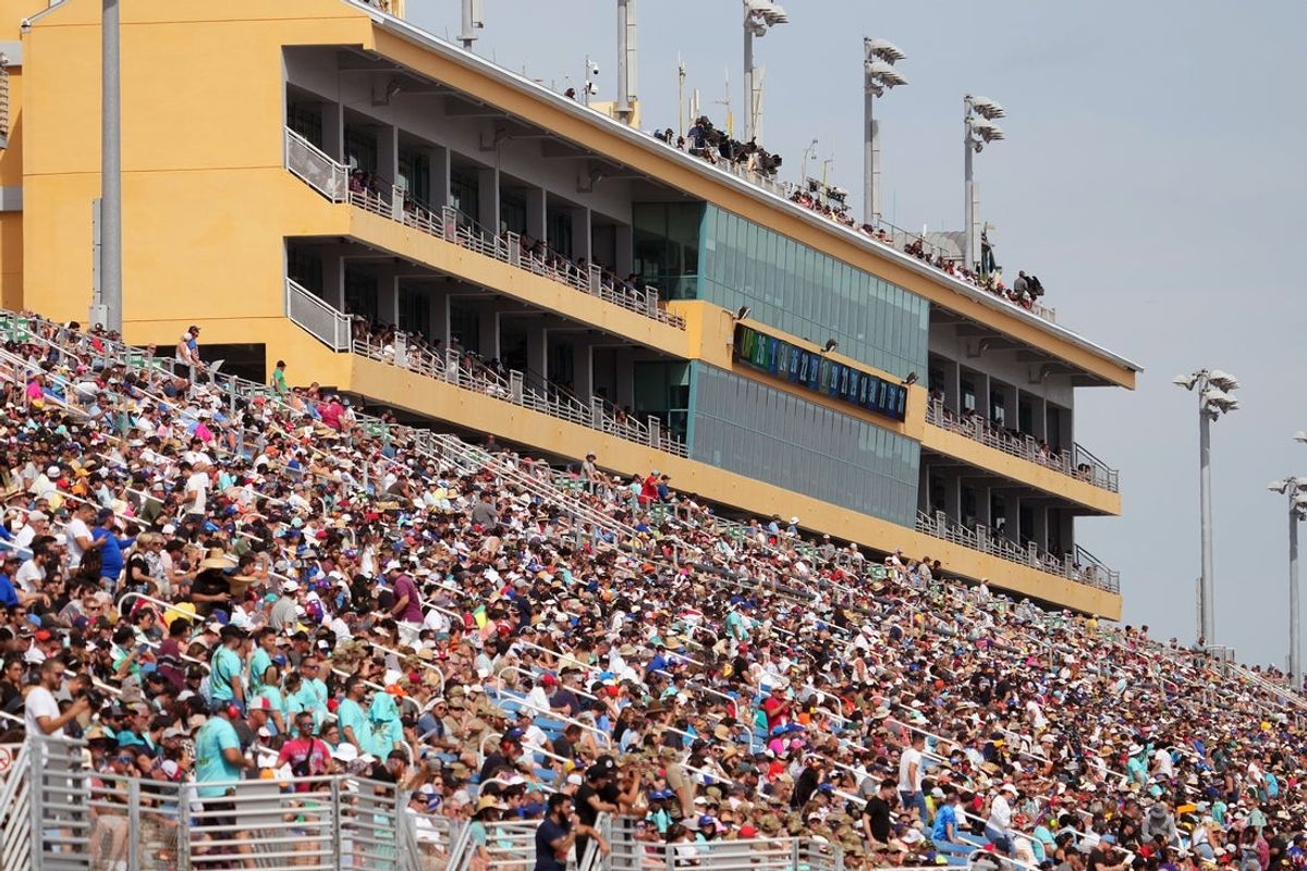 Oct 22, 2023; Homestead, Florida, USA; A general view of the front stretch grand stands during the 4EVER 400 presented by Mobil 1 at Homestead-Miami Speedway. Mandatory Credit: Jasen Vinlove-Imagn Images