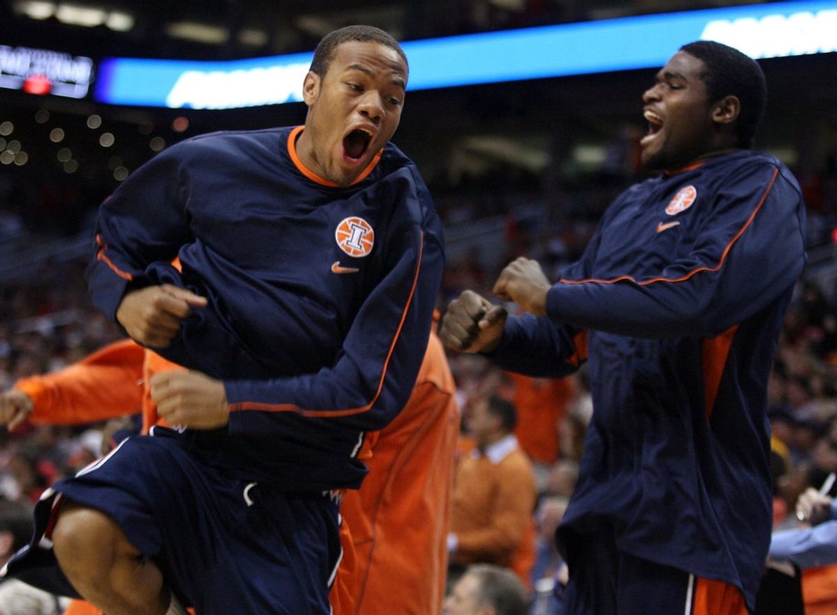 Dec 2, 2006; Phoenix, AZ, USA; The Illinois Illini celebrate a score against the Arizona Wildcats during the first half during the Naismith Challenge at the US Airways Center. Mandatory Credit: Rick Scuteri-US Presswire Copyright Rick Scuteri