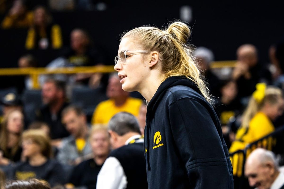 Iowa forward Ava Jones watches during a NCAA women's basketball exhibition game between Iowa and Clarke University, Sunday, Oct. 22, 2023, at Carver-Hawkeye Arena in Iowa City.
