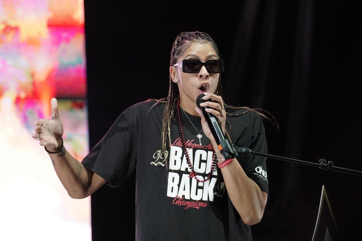 Oct 23, 2023; Las Vegas, NV, USA; Las Vegas Aces forward/center Candace Parker (3) speaks during the Las Vegas Aces championship parade at Toshiba Plaza. Mandatory Credit: Lucas Peltier-Imagn Images