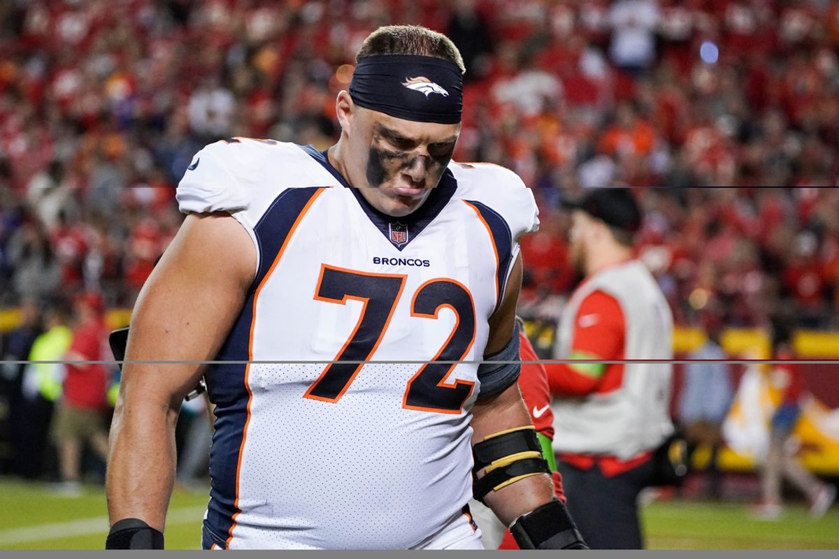 Oct 12, 2023; Kansas City, Missouri, USA; Denver Broncos offensive tackle Garett Bolles (72) leaves the game against the Kansas City Chiefs at halftime at GEHA Field at Arrowhead Stadium. Mandatory Credit: Denny Medley-Imagn Images