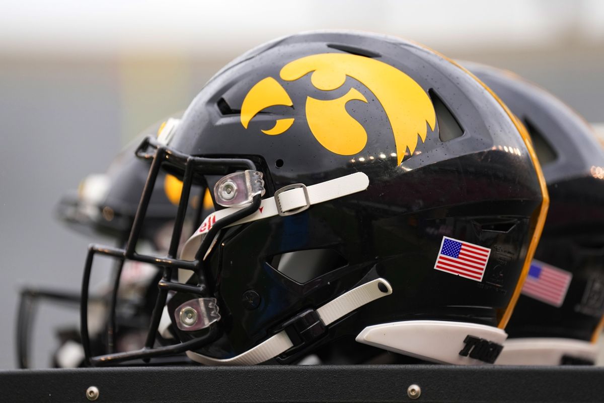 Oct 14, 2023; Madison, Wisconsin, USA;  General view of Iowa Hawkeyes helmets prior to the game against the Wisconsin Badgers at Camp Randall Stadium. Mandatory Credit: Jeff Hanisch-USA TODAY Sports