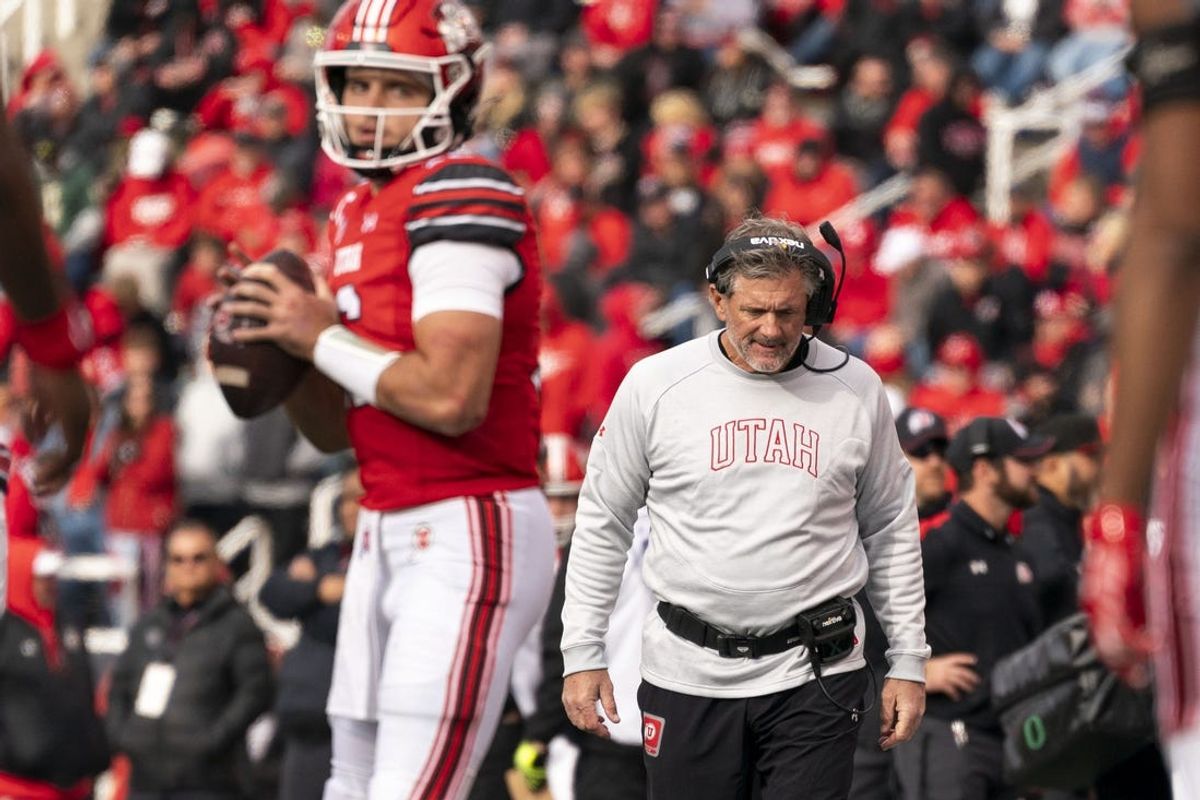 Oct 28, 2023; Salt Lake City, Utah, USA; Utah football head coach Kyle Whittingham walks down the sideline in the second half against the Oregon Ducks at Rice-Eccles Stadium. Mandatory Credit: Gabriel Mayberry-USA TODAY Sports
