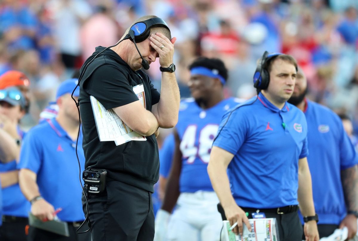 Oct 28, 2023; Jacksonville, Florida, USA; Florida Gators head coach Billy Napier reacts against the Georgia Bulldogs during the second half at EverBank Stadium. Mandatory Credit: Kim Klement Neitzel-USA TODAY Sports