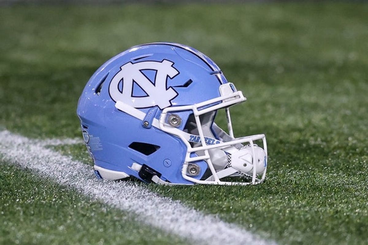 Oct 28, 2023; Atlanta, Georgia, USA; A detailed view of a North Carolina Tar Heels helmet on the field before a game against the Georgia Tech Yellow Jackets at Bobby Dodd Stadium at Hyundai Field. Mandatory Credit: Brett Davis-Imagn Images