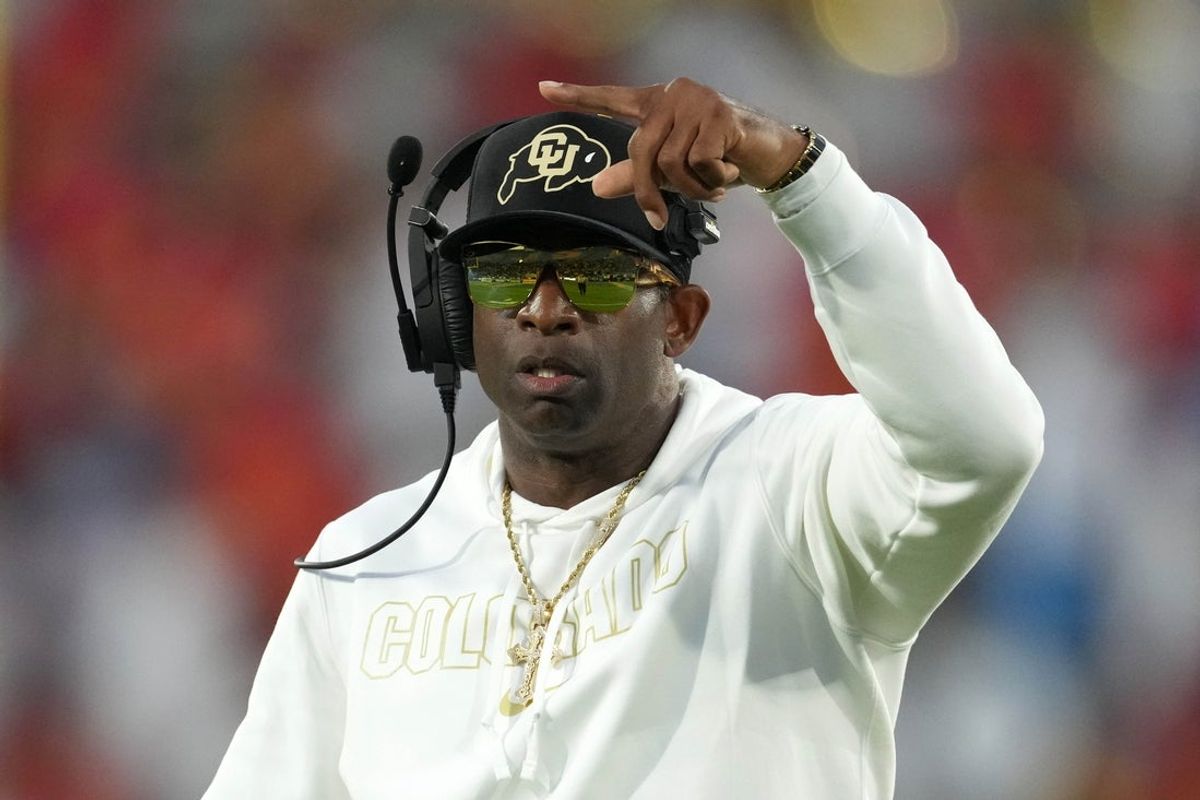 Oct 28, 2023; Pasadena, California, USA; Colorado Buffaloes head coach Deion Sanders reacts against the UCLA Bruins in the first half at Rose Bowl. Mandatory Credit: Kirby Lee-Imagn Images