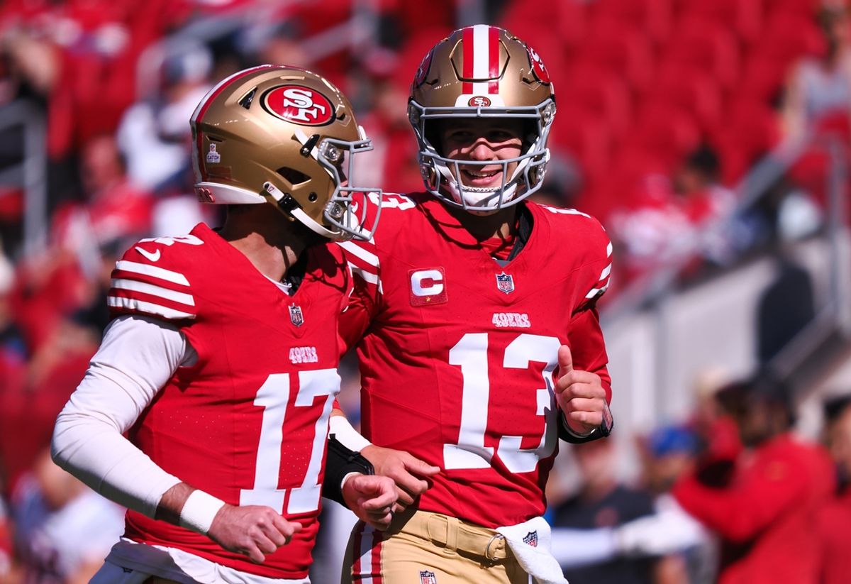 Oct 29, 2023; Santa Clara, California, USA; San Francisco 49ers quarterback Brock Purdy (13) smiles with quarterback Brandon Allen (17) before the game against the Cincinnati Bengals at Levi's Stadium. Mandatory Credit: Kelley L Cox-Imagn Images
