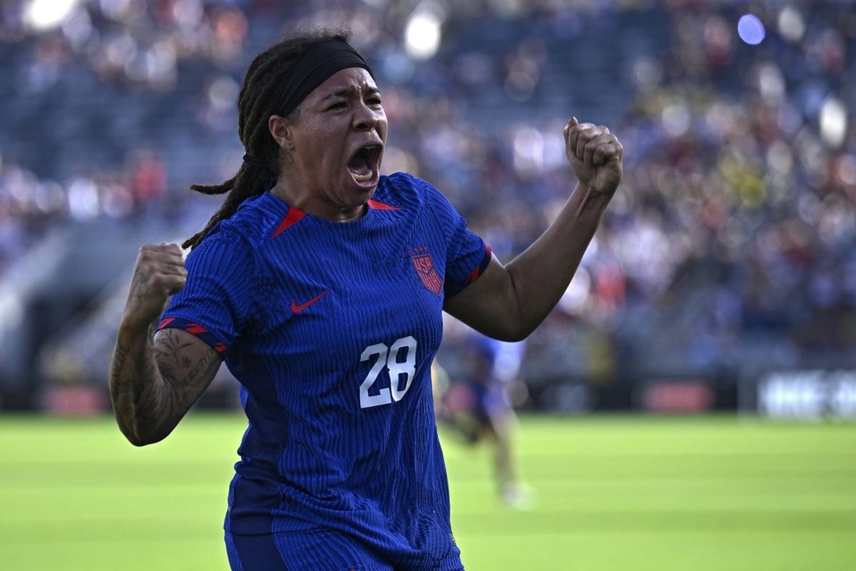 Oct 29, 2023; San Diego, California, USA; United States forward Mia Fishel (28) celebrates after scoring a goal against the Colombia during the second half at Snapdragon Stadium. Mandatory Credit: Orlando Ramirez-Imagn Images