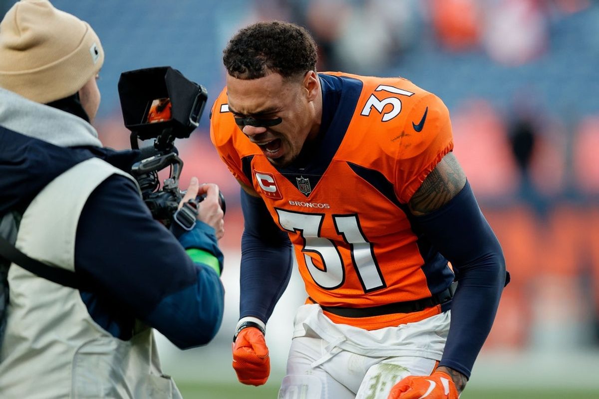 Oct 29, 2023; Denver, Colorado, USA; Denver Broncos safety Justin Simmons (31) reacts after the game against the Kansas City Chiefs at Empower Field at Mile High. Mandatory Credit: Isaiah J. Downing-Imagn Images