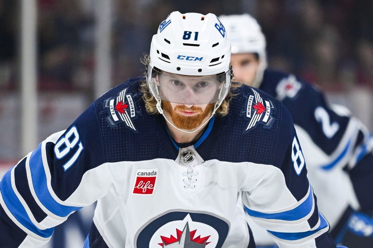 Oct 28, 2023; Montreal, Quebec, CAN; Winnipeg Jets left wing Kyle Connor (81) waits for a face-off against the Montreal Canadiens during the third period at Bell Centre. Mandatory Credit: David Kirouac-Imagn Images