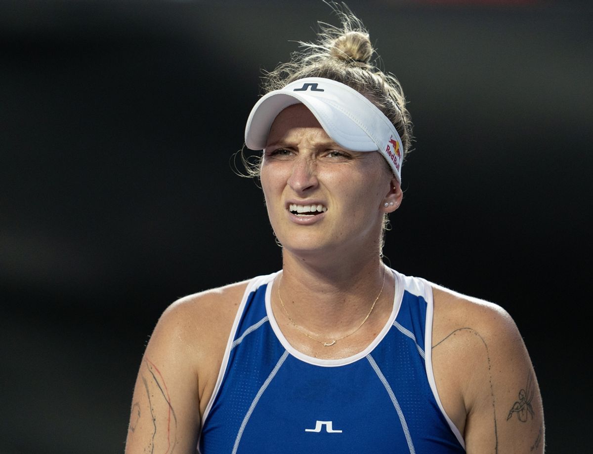 Nov 3, 2023; Cancun, Mexico; Marketa Vondrousova (CZE) reacts to a point during her match against Coco Gauff (USA) on day six of the GNP Saguaros WTA Finals Cancun. Mandatory Credit: Susan Mullane-Imagn Images