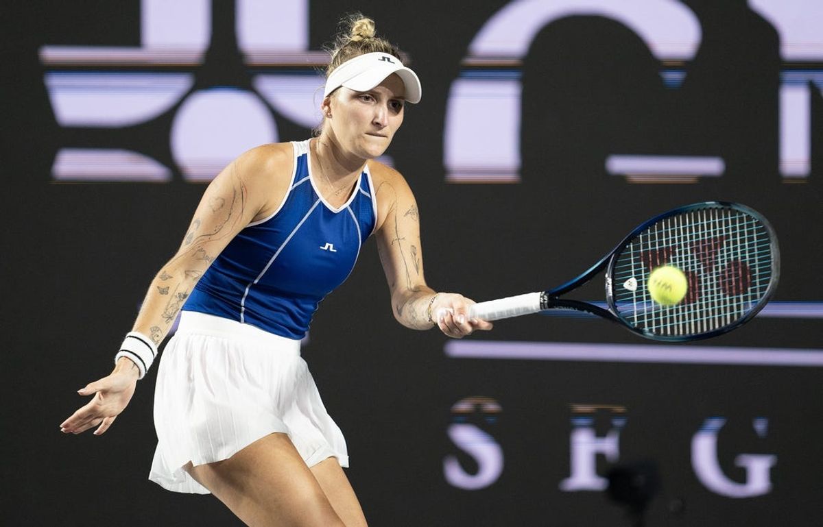 Nov 3, 2023; Cancun, Mexico; Marketa Vondrousova (CZE) returns a shot during her match against Coco Gauff (USA) on day six of the GNP Saguaros WTA Finals Cancun. Mandatory Credit: Susan Mullane-USA TODAY Sports