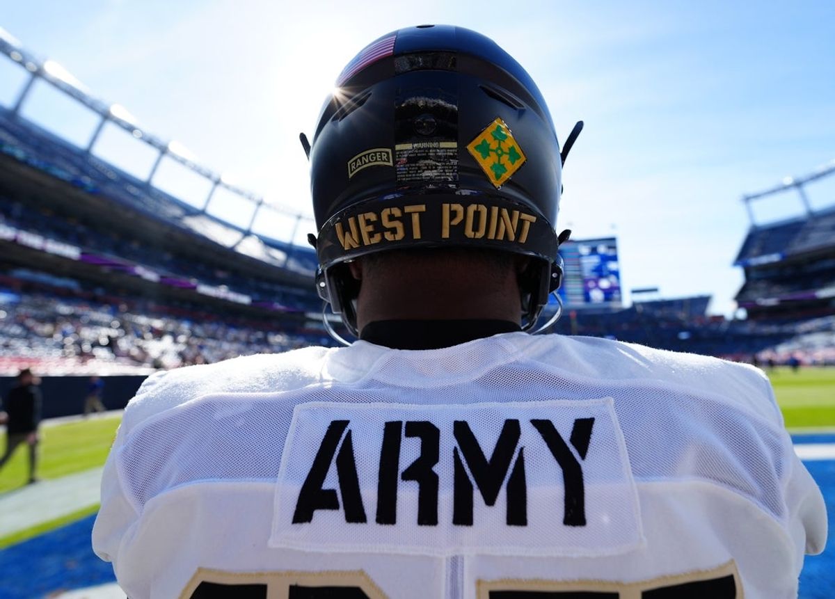 Nov 4, 2023; Denver, Colorado, USA;  Detailed view of a Army Black Knights helmet before the game against the Air Force Falcons at Empower Field at Mile High. Mandatory Credit: Ron Chenoy-Imagn Images