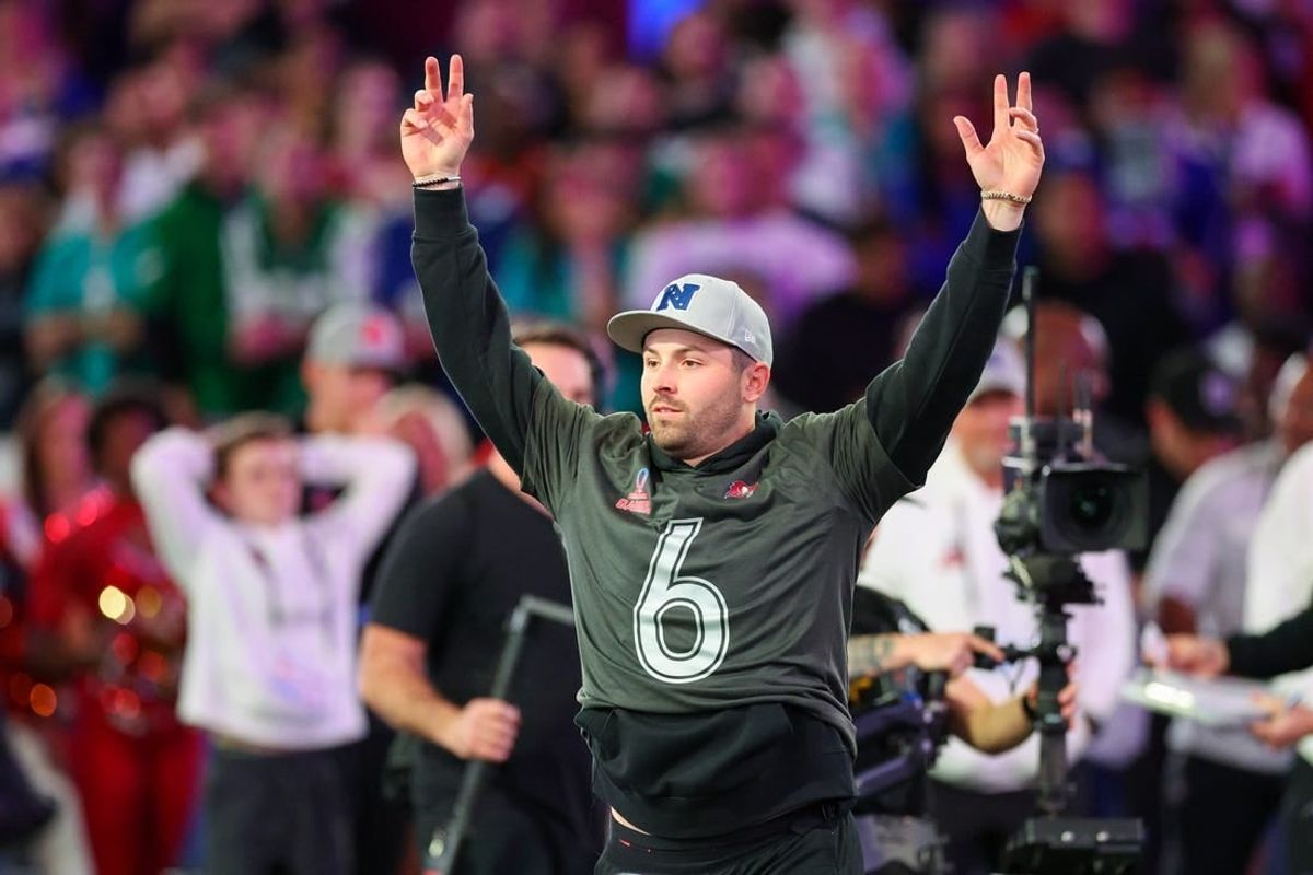 Feb 1, 2024; Orlando, FL, USA;  Tampa Bay Buccaneers quarterback Baker Mayfield (6) participates in the NFL Pro Bowl Skills Competition at the UCF NIcholson Fieldhouse.