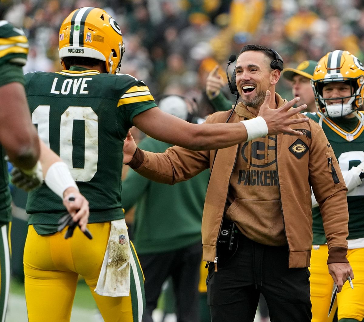 Nov 5, 2023; Green Bay, Wisconsin, USA;  Green Bay Packers quarterback Jordan Love (10) is hugged by head coach Matt LaFleur after throwing a touchdown pass during the fourth quarter at Lambeau Field.  Mandatory Credit: Mark Hoffman  Imagn Images via Milwaukee Journal Sentinel