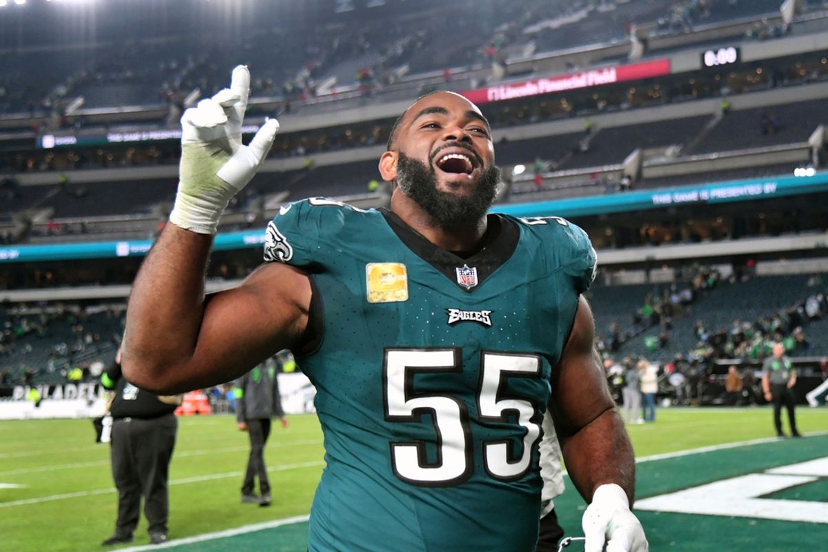 Nov 5, 2023; Philadelphia, Pennsylvania, USA;  Philadelphia Eagles defensive end Brandon Graham (55) runs off the field after win against the Dallas Cowboys at Lincoln Financial Field. Mandatory Credit: Eric Hartline-USA TODAY Sports