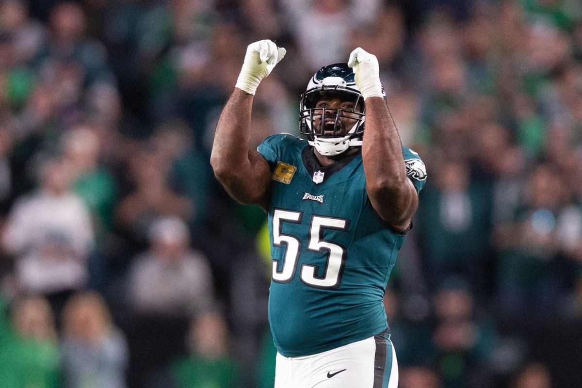 Nov 5, 2023; Philadelphia, Pennsylvania, USA; Philadelphia Eagles defensive end Brandon Graham (55) reacts after a sack during the fourth quarter against the Dallas Cowboys at Lincoln Financial Field. Mandatory Credit: Bill Streicher-Imagn Images