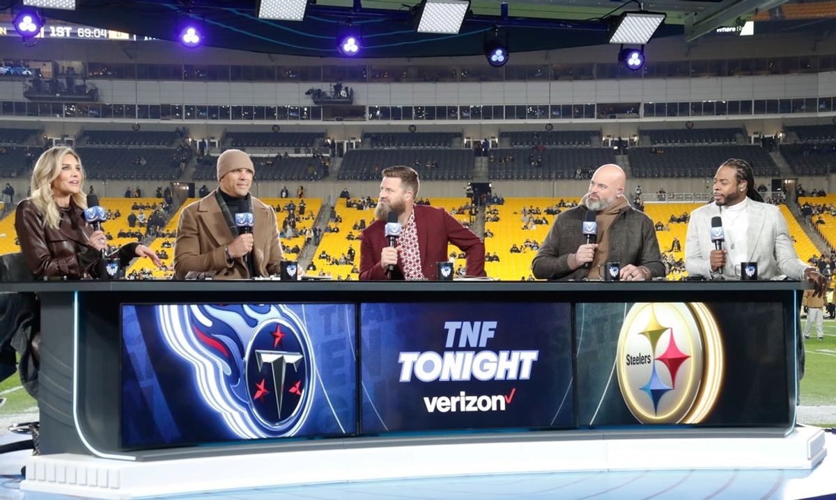 Nov 2, 2023; Pittsburgh, Pennsylvania, USA;  Amazon Prime Video's Thursday Night Football cast (L to R) Charissa Thompson and Tony Gonzalez and Ryan Fitzpatrick and Andrew Whitworth and Richard Sherman on set before the Pittsburgh Steelers host the Tennessee Titans against at Acrisure Stadium. Mandatory Credit: Charles LeClaire-Imagn Images