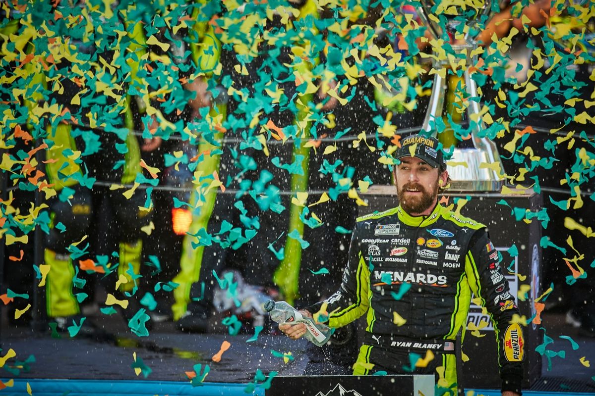NASCAR Cup Series driver Ryan Blaney (12) celebrates winning the Cup Series Championship at Phoenix Raceway in Avondale on Nov. 5, 2023.
