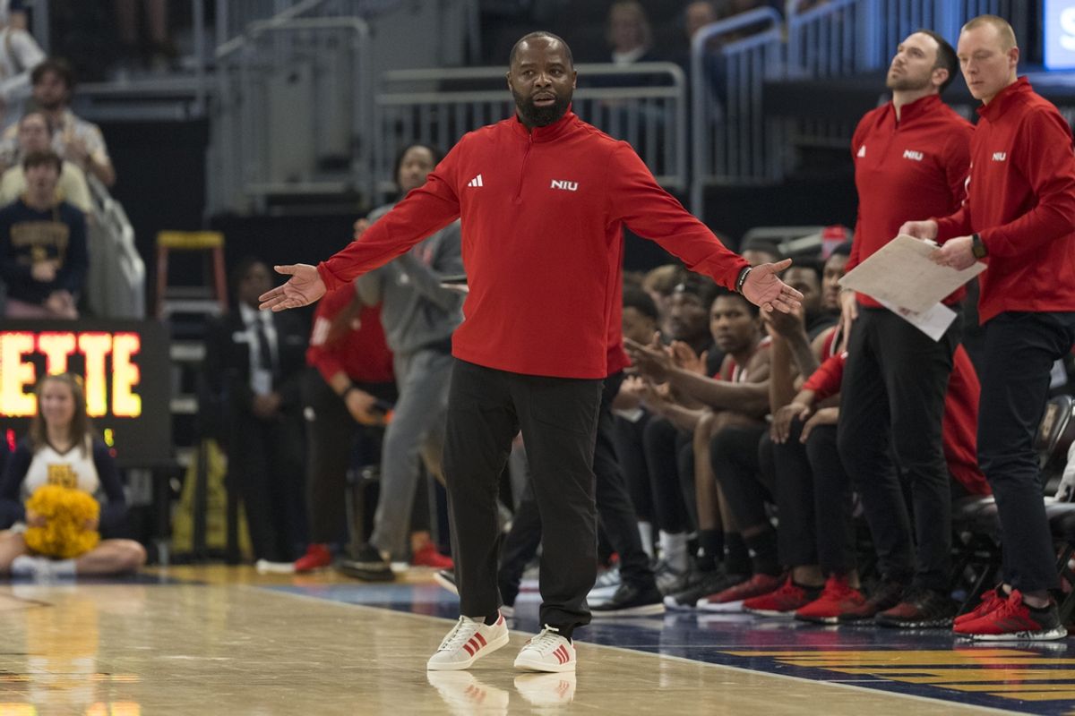 Nov 6, 2023; Milwaukee, Wisconsin, USA;  Northern Illinois Huskies head coach Rashon Burno reacts to a call during the first half against the Marquette Golden Eagles at Fiserv Forum. Mandatory Credit: Jeff Hanisch-Imagn Images