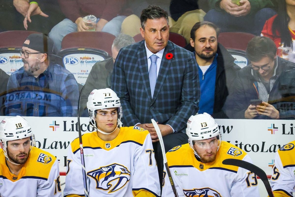 Nov 7, 2023; Calgary, Alberta, CAN; Nashville Predators head coach Andrew Brunette on his bench against the Calgary Flames during the first period at Scotiabank Saddledome. Mandatory Credit: Sergei Belski-Imagn Images