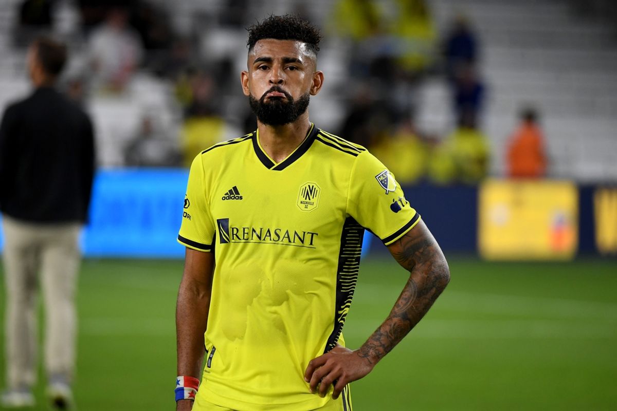 Nov 7, 2023; Nashville, Tennessee, USA; Nashville SC midfielder Anibal Godoy (20) reacts after the loss to the Orlando City SC at Geodis Park. Mandatory Credit: Christopher Hanewinckel-Imagn Images