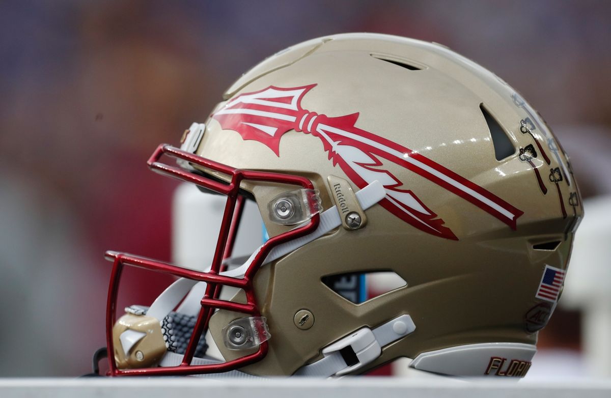 Nov 4, 2023; Pittsburgh, Pennsylvania, USA;  A Florida State Seminoles helmet on the sidelines against the Pittsburgh Panthers during the second quarter at Acrisure Stadium. Mandatory Credit: Charles LeClaire-Imagn Images