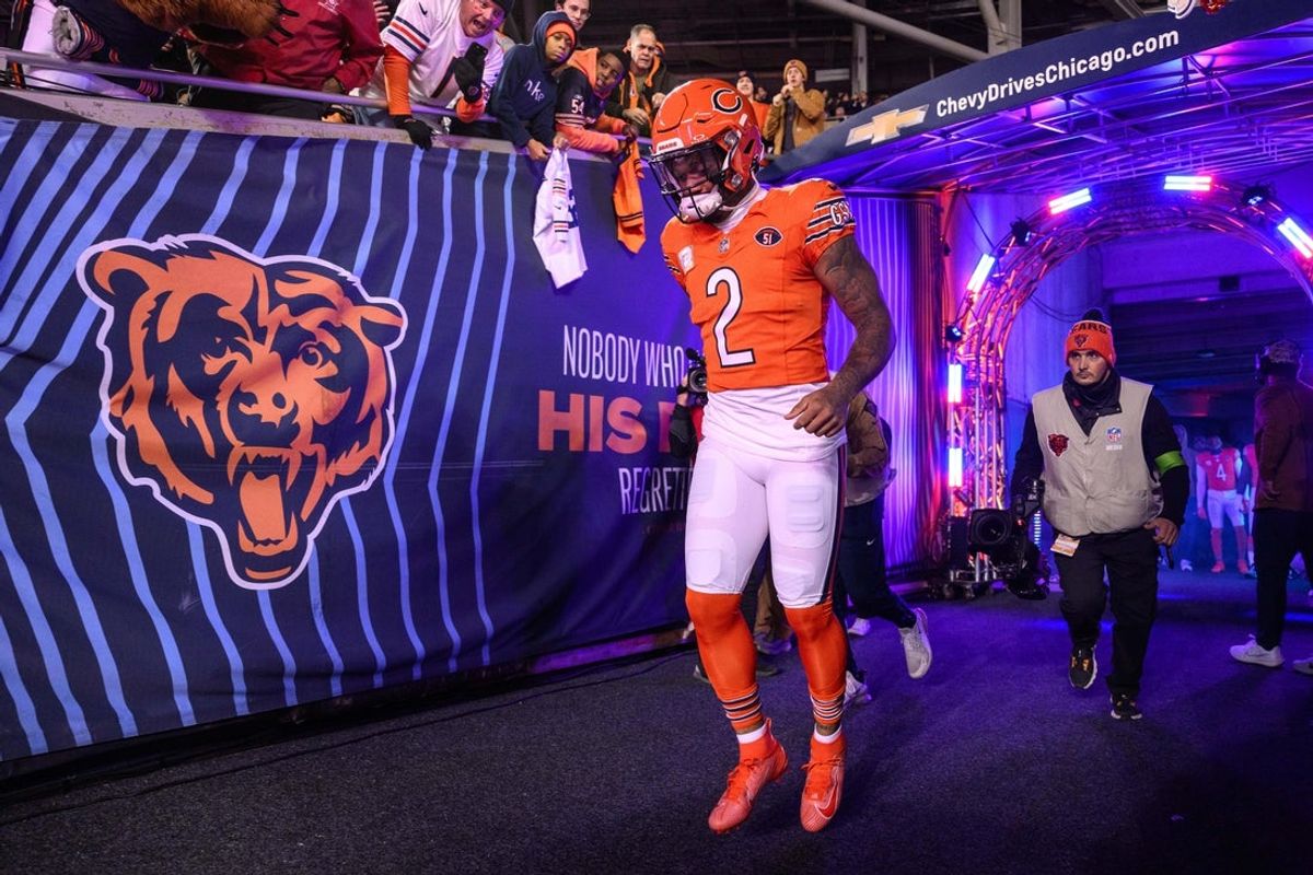 Nov 9, 2023; Chicago, Illinois, USA; Chicago Bears wide receiver D.J. Moore (2) enters the field before a game against the Carolina Panthers at Soldier Field. Mandatory Credit: Daniel Bartel-Imagn Images