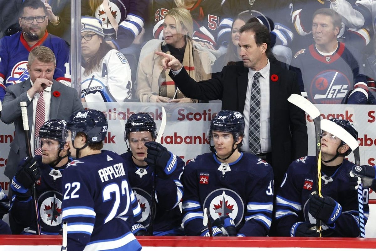 Nov 9, 2023; Winnipeg, Manitoba, CAN; Winnipeg Jets interim head coach Scott Arniel gestures in the third period against the Nashville Predators at Canada Life Centre. Mandatory Credit: James Carey Lauder-USA TODAY Sports