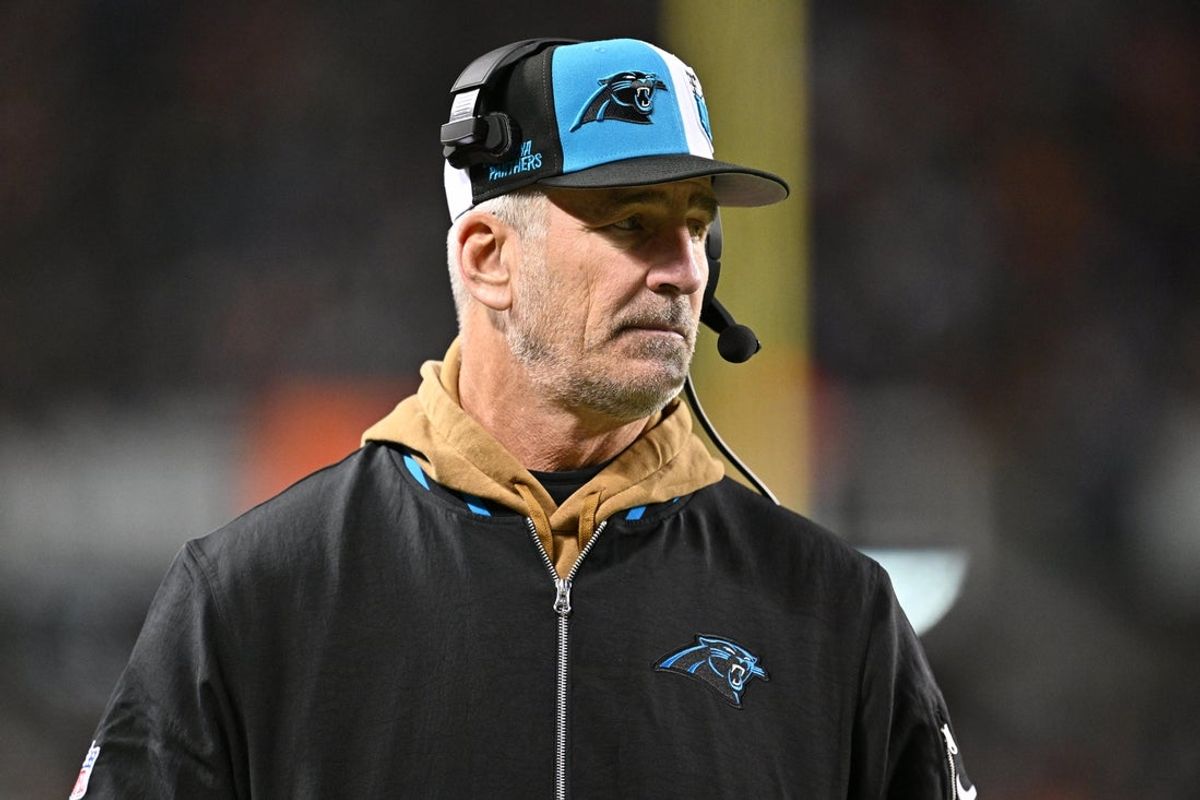 Nov 9, 2023; Chicago, Illinois, USA;  Carolina Panthers head coach Frank Reich watches his team play against the Chicago Bears in the second half at Soldier Field. Mandatory Credit: Jamie Sabau-Imagn Images