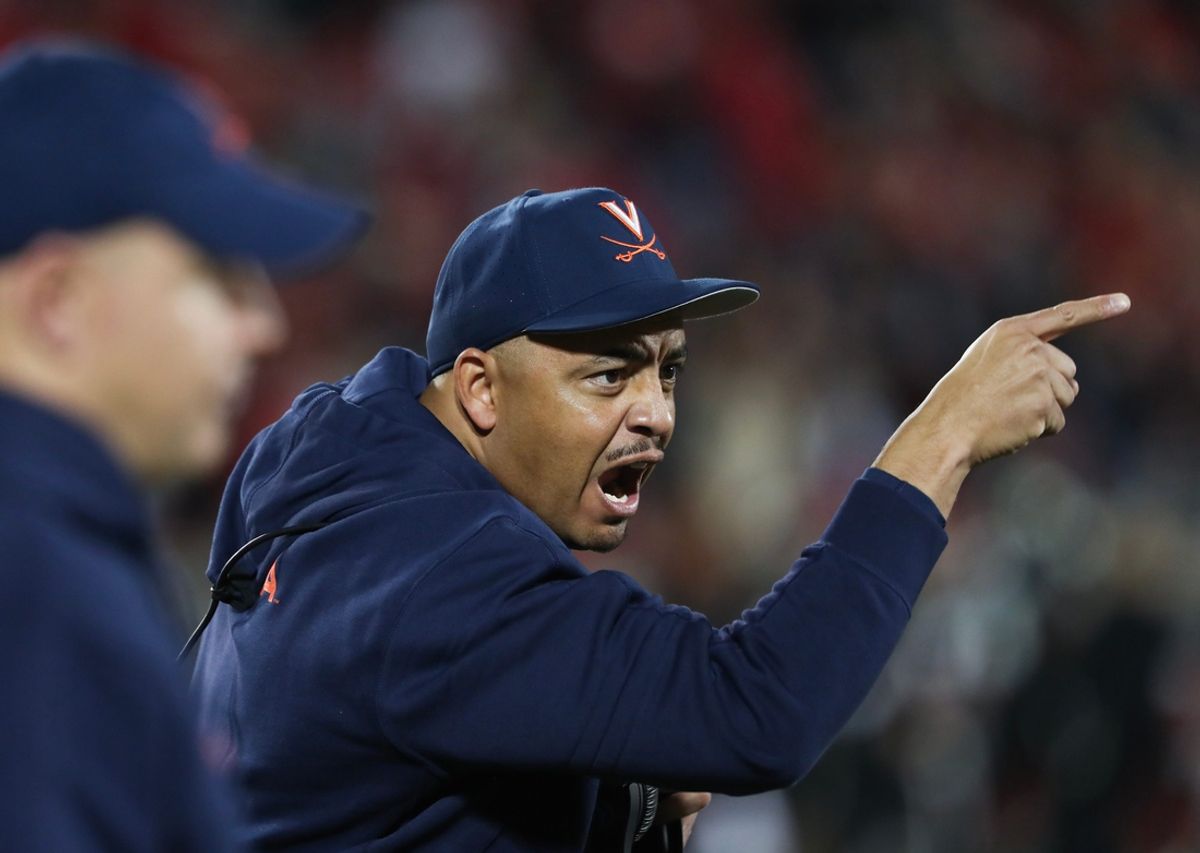 Virginia head coach Tony Elliott was upset with a player who was called for a penalty late in their game against U of L at the L&N Stadium in Louisville, Ky. on Nov. 9, 2023.