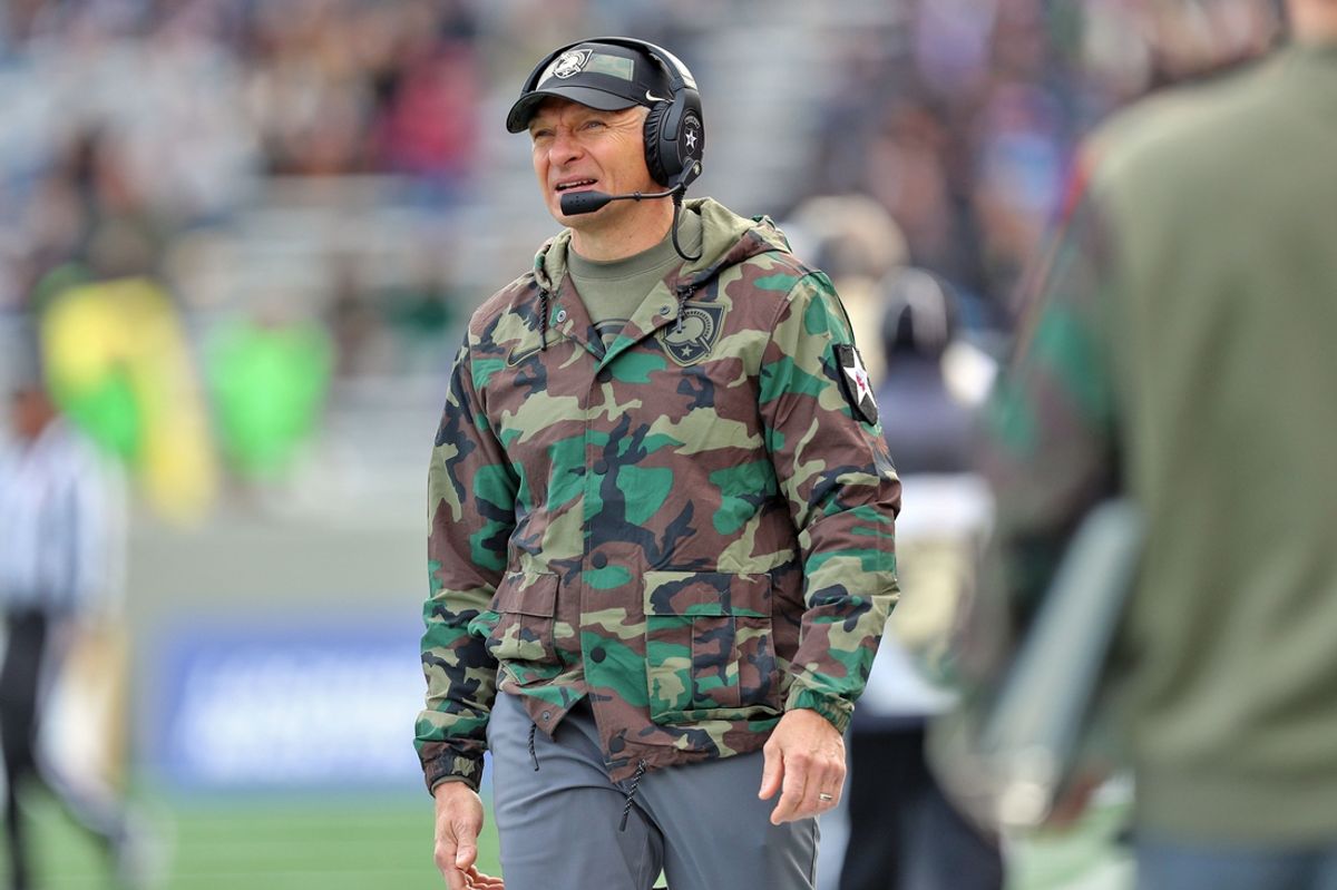 Nov 11, 2023; West Point, New York, USA; Army Black Knights head coach Jeff Monken looks onduring the first half against the Holy Cross Crusaders at Michie Stadium. Mandatory Credit: Danny Wild-USA TODAY Sports