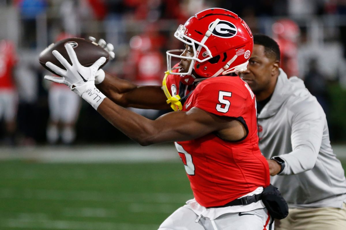 Georgia wide receiver Rara Thomas (5) makes a catch during warm ups before the start of a NCAA college football game against Ole Miss in Athens, Ga., on Saturday, Nov. 11, 2023.
