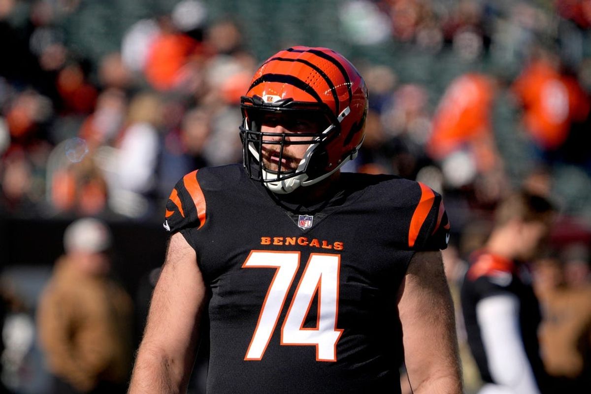 Cincinnati Bengals guard Max Scharping (74) takes the field at Paycor Stadium Sunday, November 12, 2023.
