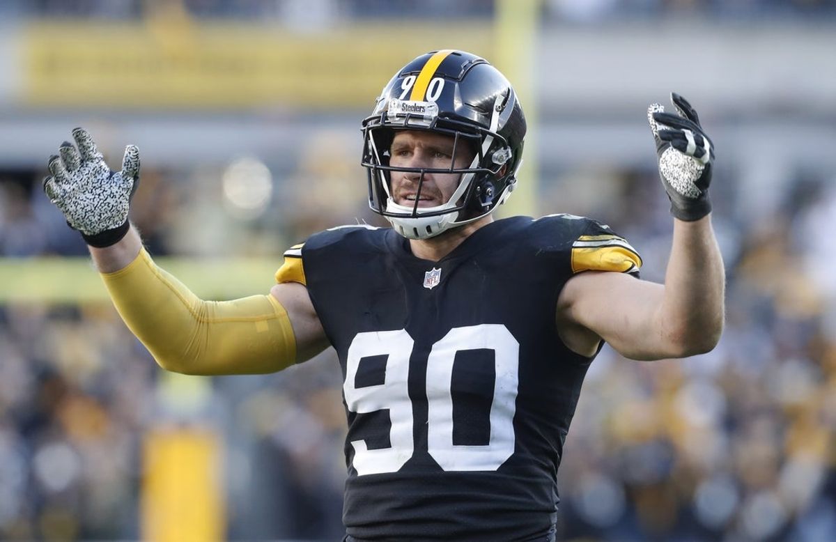 Nov 12, 2023; Pittsburgh, Pennsylvania, USA;  Pittsburgh Steelers linebacker T.J. Watt (90) reacts to the crowd against the Green Bay Packers during the fourth quarter at Acrisure Stadium. Pittsburgh won 23-19. Mandatory Credit: Charles LeClaire-Imagn Images