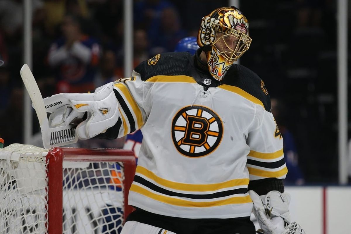 Jun 9, 2021; Uniondale, New York, USA; Boston Bruins goalie Tuukka Rask (40) reacts after a goal by the New York Islanders during the second period of game six of the second round of the 2021 Stanley Cup Playoffs at Nassau Veterans Memorial Coliseum.