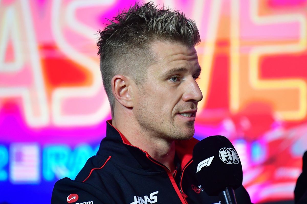 Nov 15, 2023; Las Vegas, Nevada, USA; Haas F1 driver Nico Hulkenberg of Germany speaks during media availabilities at Las Vegas Strip Circuit. Mandatory Credit: Gary A. Vasquez-USA TODAY Sports