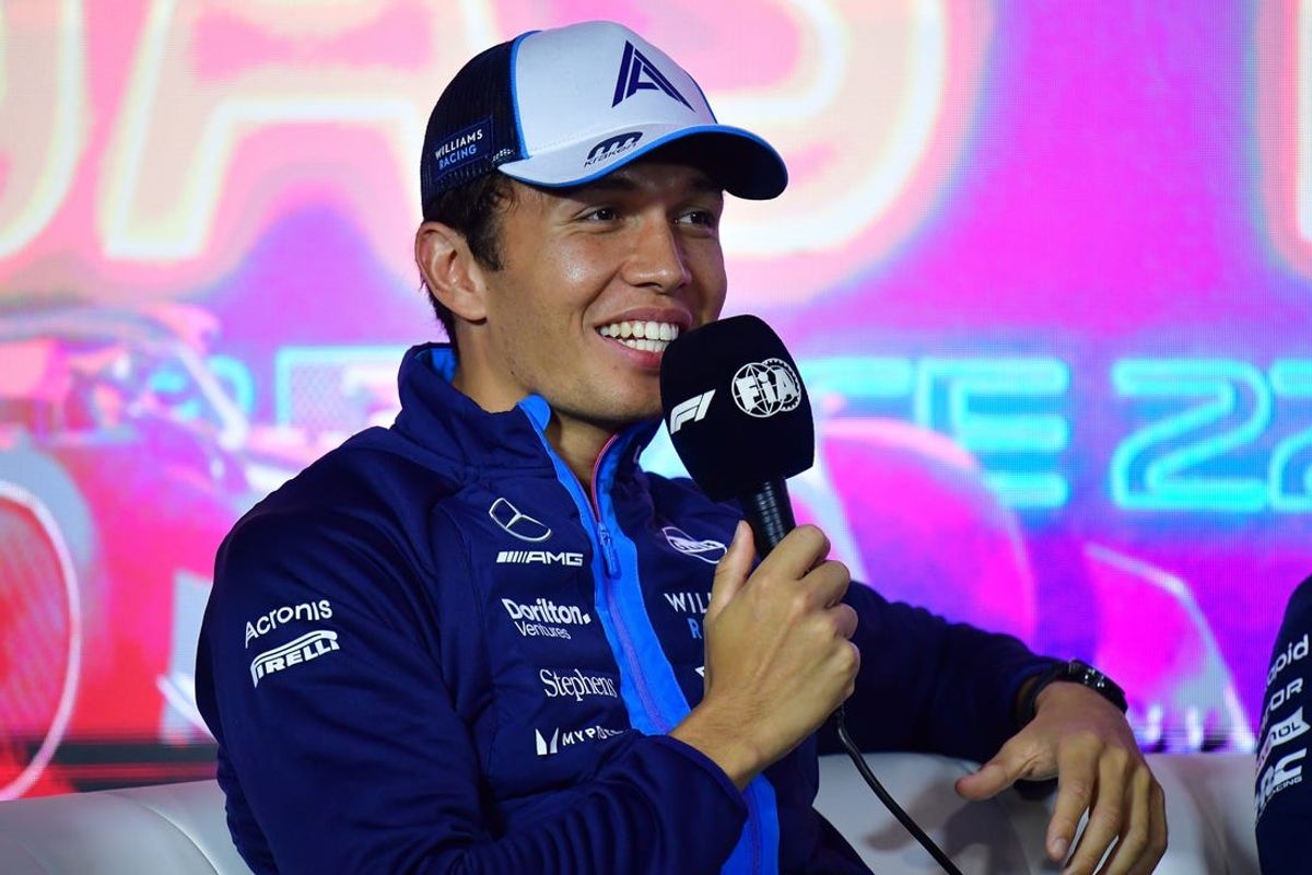 Nov 15, 2023; Las Vegas, Nevada, USA; Williams Racing driver Alexander Albon of Thailand speaks during media availabilities at Las Vegas Strip Circuit. Mandatory Credit: Gary A. Vasquez-USA TODAY Sports