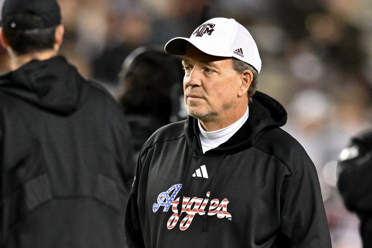 Nov 11, 2023; College Station, Texas, USA; Texas A&M Aggies head coach Jimbo Fisher looks on during warm ups prior to the game against the Mississippi State Bulldogs at Kyle Field. Mandatory Credit: Maria Lysaker-Imagn Images