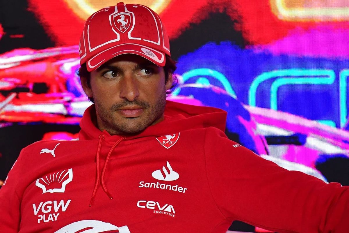 Nov 15, 2023; Las Vegas, Nevada, USA; Scuderia Ferrari driver Carlos Sainz Jr. of Spain during media availabilities at Las Vegas Strip Circuit. Mandatory Credit: Gary A. Vasquez-USA TODAY Sports