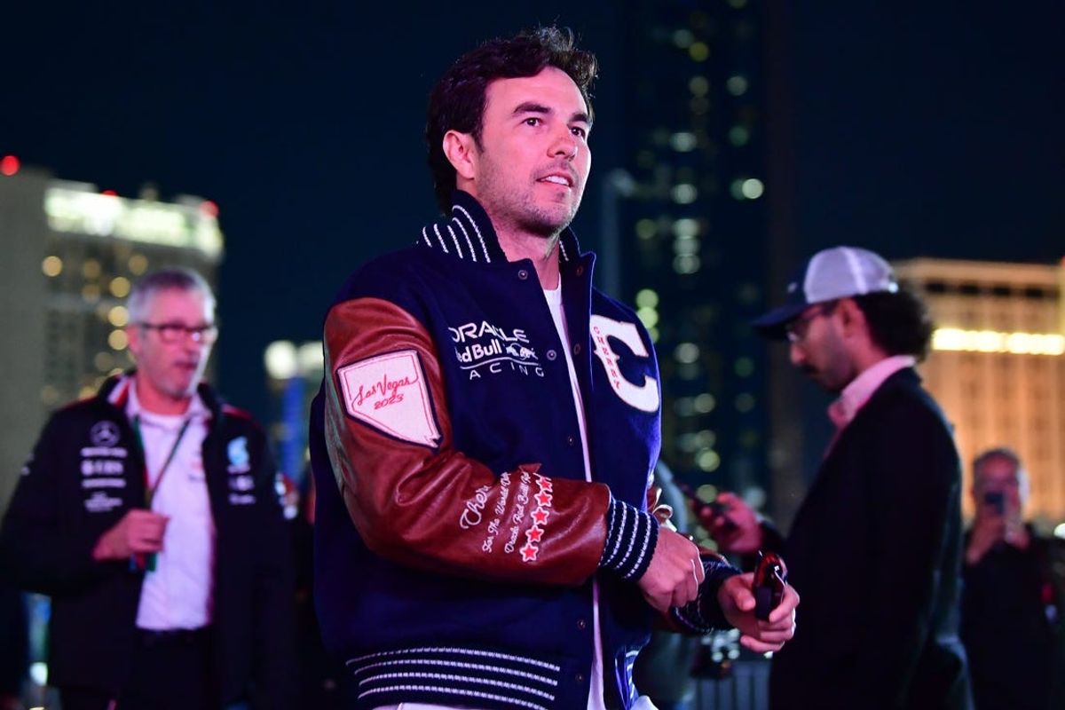 Nov 16, 2023; Las Vegas, Nevada, USA; Red Bull Racing driver Sergio Perez of Mexico (11) arrives before free practice at Las Vegas Strip Circuit. Mandatory Credit: Gary A. Vasquez-USA TODAY Sports