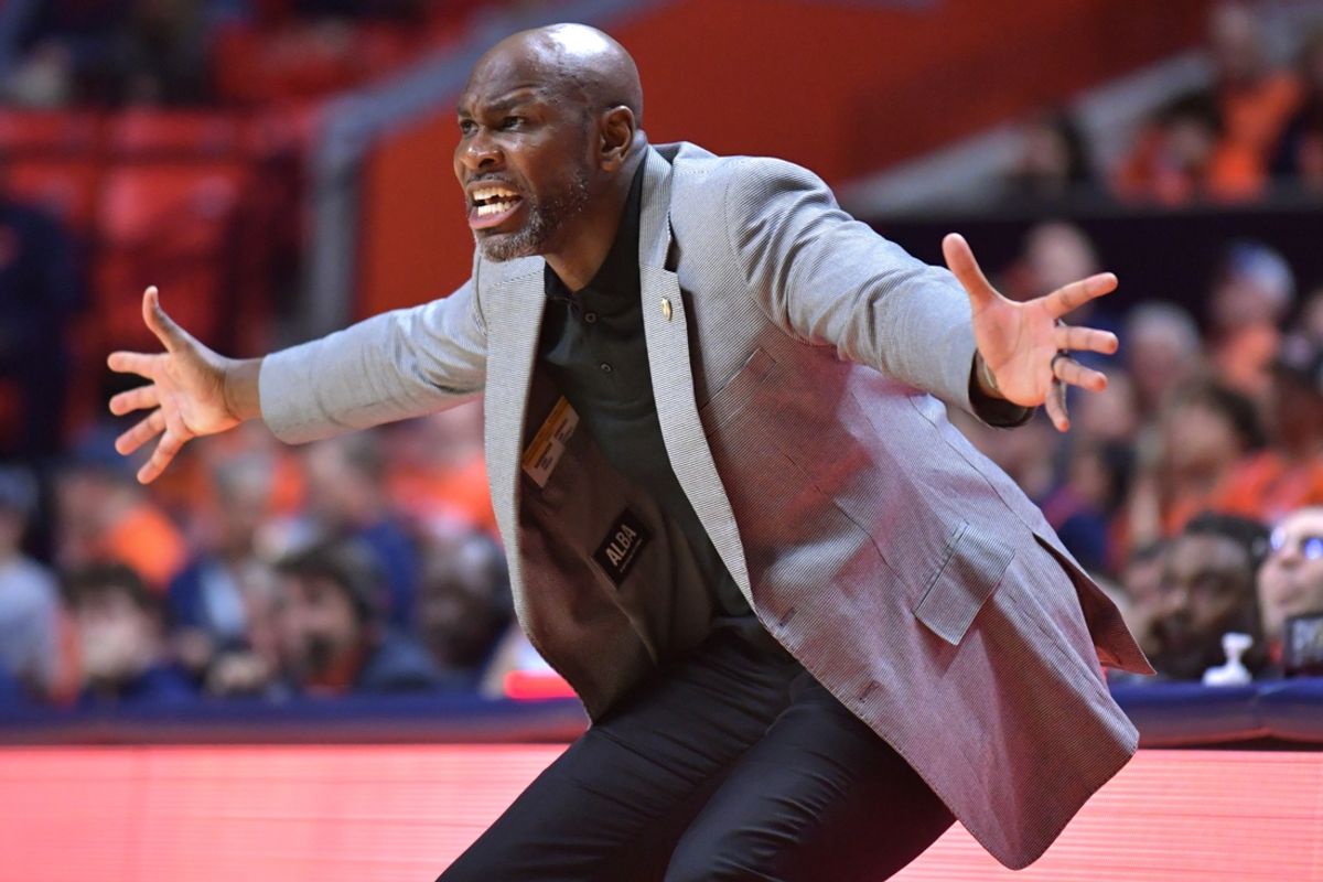 Nov 17, 2023; Champaign, Illinois, USA; Valparaiso Beacons head coach Roger Powell Jr. reacts during the first half against the Illinois Fighting Illini at State Farm Center. Mandatory Credit: Ron Johnson-Imagn Images