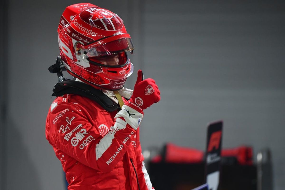 Nov 17, 2023; Las Vegas, Nevada, USA; Scuderia Ferrari driver Charles LeClerc of Monaco (16) celebrates after securing pole position during qualifying at Las Vegas Strip Circuit. Mandatory Credit: Gary A. Vasquez-USA TODAY Sports