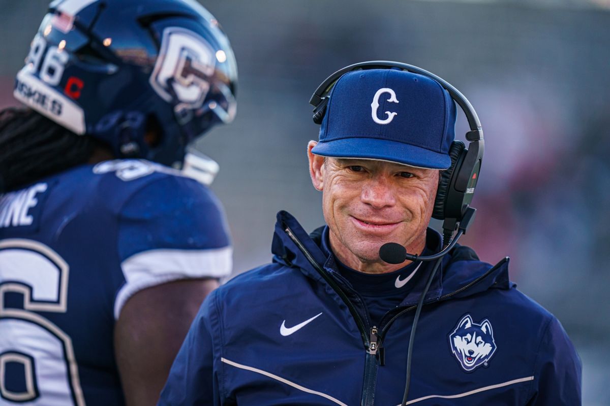 Nov 18, 2023; East Hartford, Connecticut, USA; UConn Huskies head coach Jim Mora watches from the sideline as they take on the Sacred Heart Pioneers at Rentschler Field at Pratt & Whitney Stadium. Mandatory Credit: David Butler II-Imagn Images