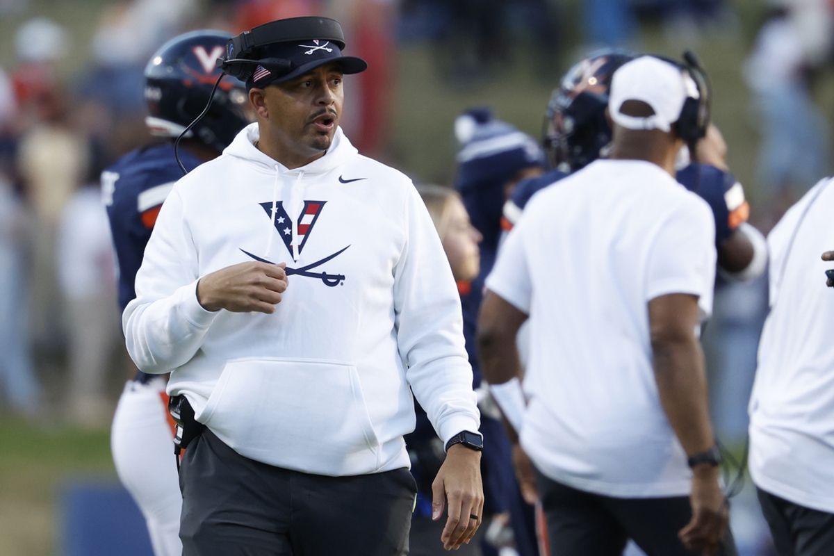 Nov 18, 2023; Charlottesville, Virginia, USA; Virginia Cavaliers head coach Tony Elliott stands on the sidelines against the Duke Blue Devils during the second quarter at Scott Stadium. Mandatory Credit: Geoff Burke-USA TODAY Sports