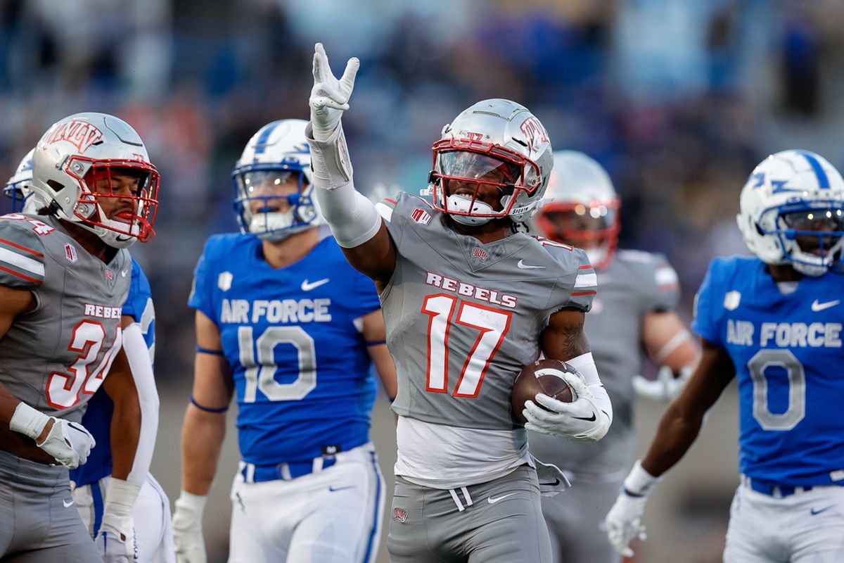 Nov 18, 2023; Colorado Springs, Colorado, USA; UNLV Rebels defensive back Kris Williams (17) reacts after a play in the fourth quarter against the Air Force Falcons at Falcon Stadium. Mandatory Credit: Isaiah J. Downing-Imagn Images