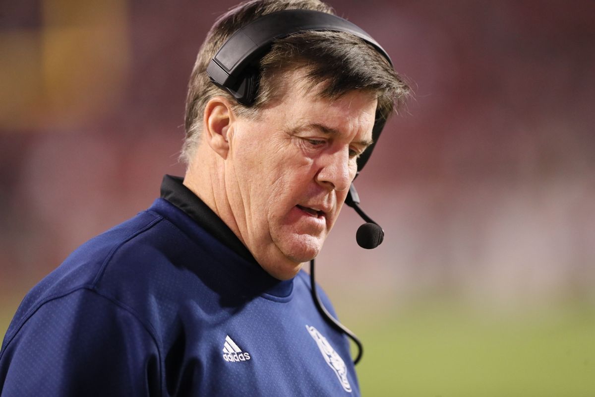 Nov 18, 2023; Fayetteville, Arkansas, USA; FIU Panthers head coach Mike MacIntyre during the second half against the Arkansas Razorbacks at Donald W. Reynolds Razorback Stadium. Arkansas won 44-20. Mandatory Credit: Nelson Chenault-Imagn Images
